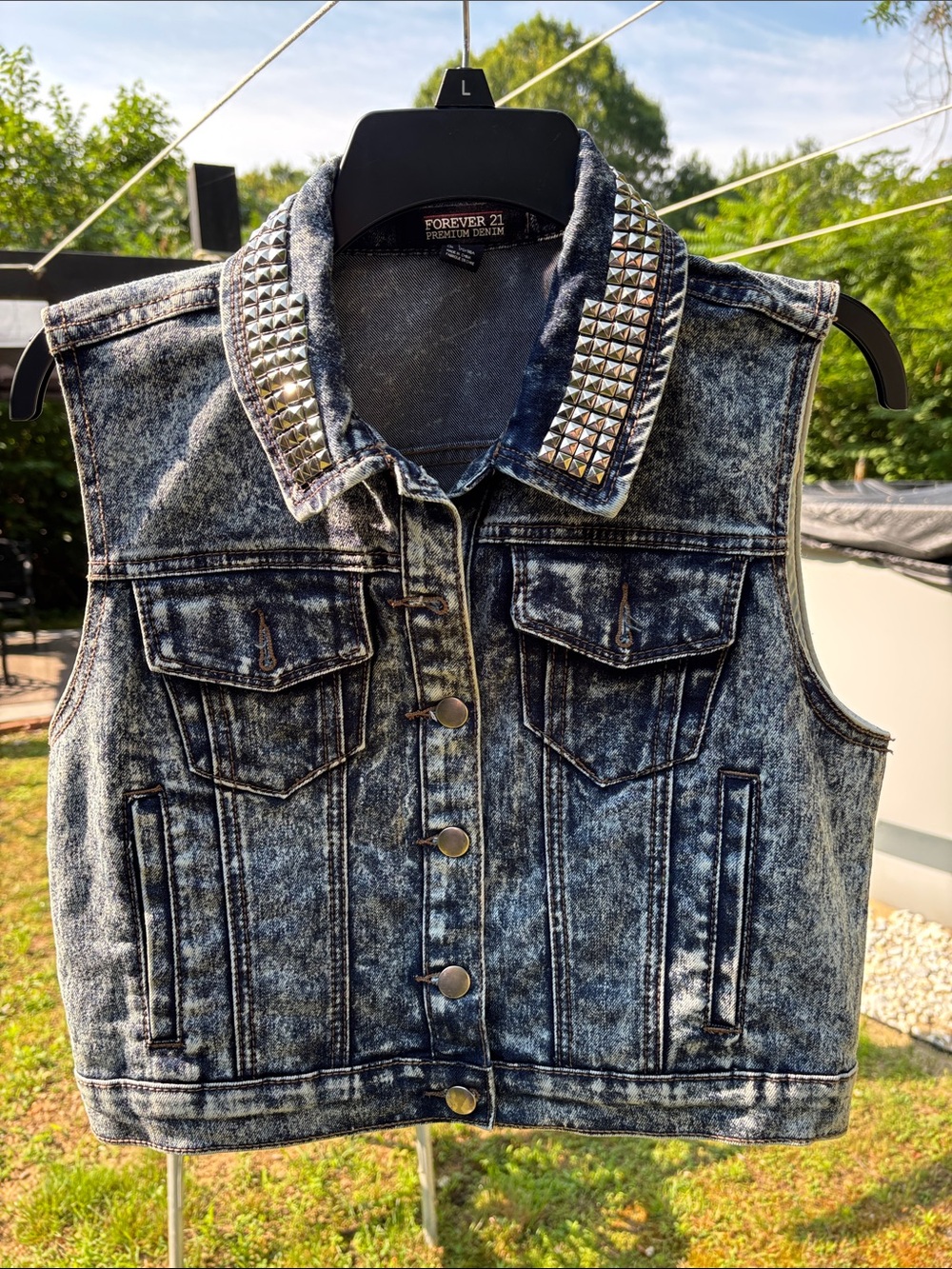 Forever 21 Acid Wash Studded Denim Vest in Black and Silver